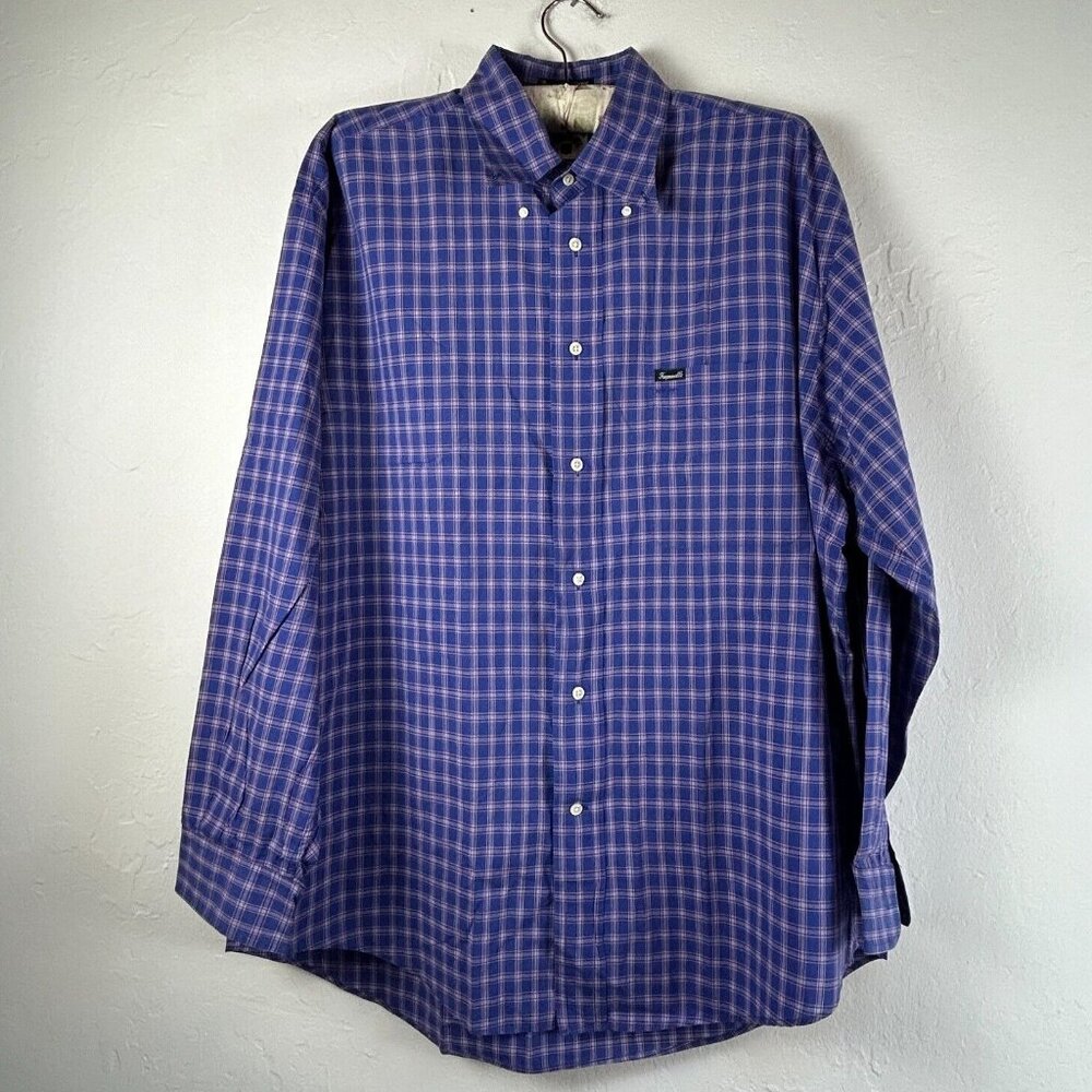 Faconnable Mens Button Down Plaid Shirt Large Blue Long Sleeve Cotton Pocket